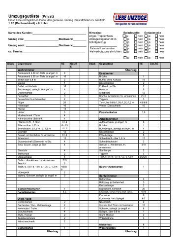 Umzugsgutliste (Privat) - Liebe Umzüge