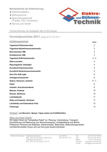 Vermietpreisliste 2011 - Elektro- und Bühnentechnik Röschke