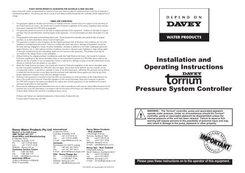 Installation and Operating Instructions Pressure ... - Dural Irrigation