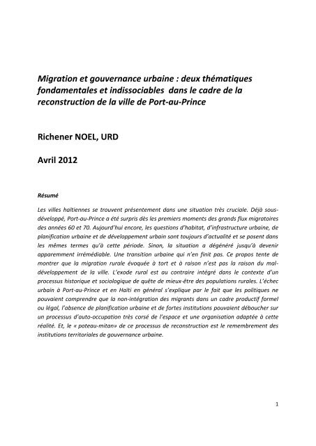 Migration et gouvernance urbaine : deux thématiques ... - Groupe URD