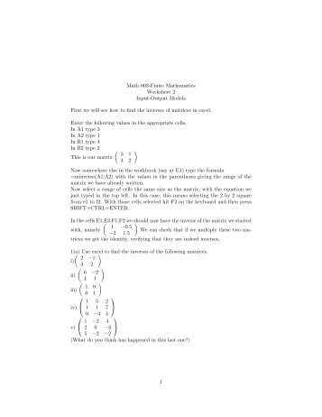 Math 003-Finite Mathematics Worksheet 2 Input-Output Models First ...