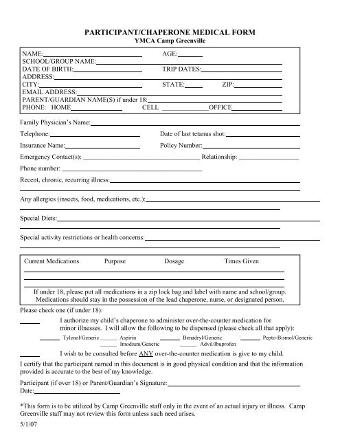 STUDENT/CHAPERONE MEDICAL FORM - YMCA Camp Greenville