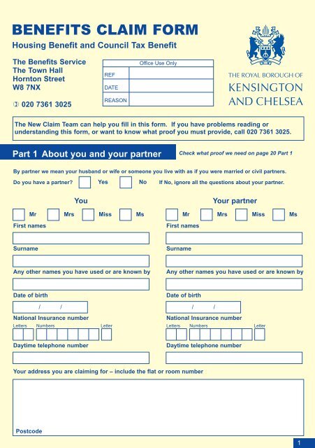 Housing Benefit and Council Tax Benefit claim form