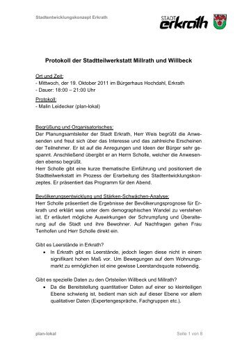 Protokoll der Stadtteilwerkstatt Millrath und Willbeck - Zukunft Erkrath
