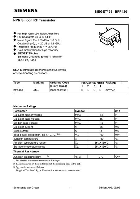 NPN Silicon RF Transistor Bfp420