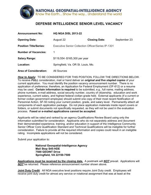 HQ NGA DISL 2013-22, Executive Senior Collection Officer/Series ...