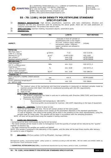 ss â€“70: 1100 j high density polyethylene standard specification