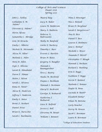 College of Arts and Sciences Dean's List Spring 2011