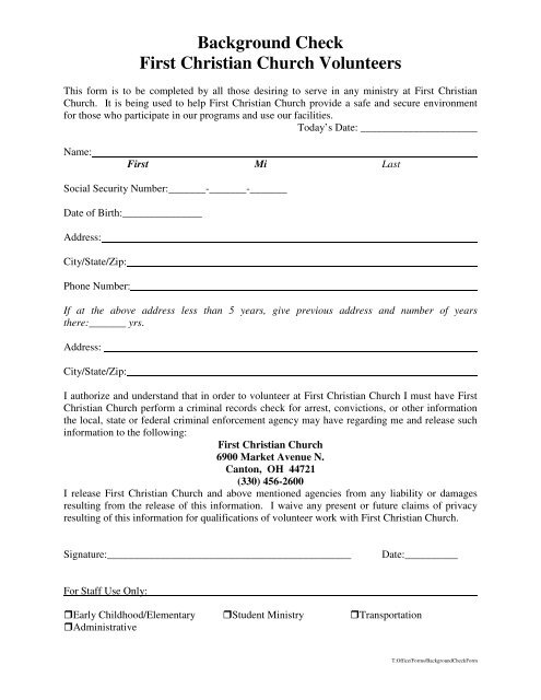 Background Check Form - First Christian Church