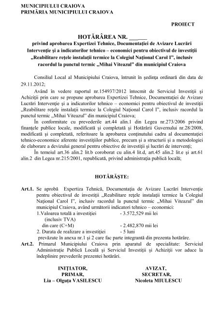 Proiect de hotărâre privind aprobarea Expertizei ... - Primaria Craiova