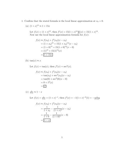 Local Linear Approximation; Differentials Solutions To Selected ...