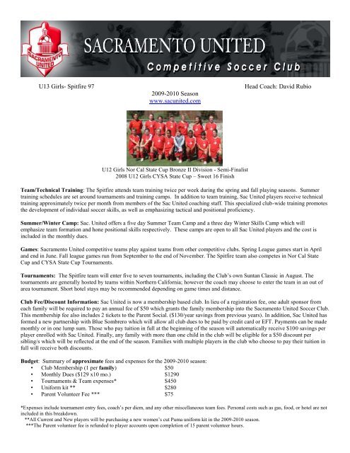 U13 Girls- Spitfire 97 Head Coach - Sacramento United Competitive ...