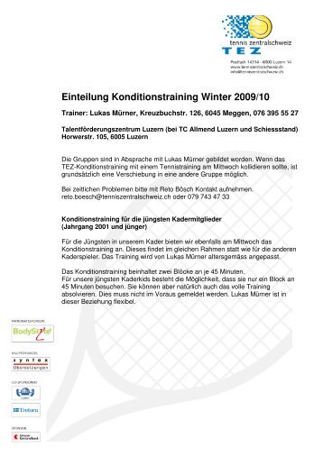 Einteilung Konditionstraining Winter 2009/10 - Tennis Zentralschweiz
