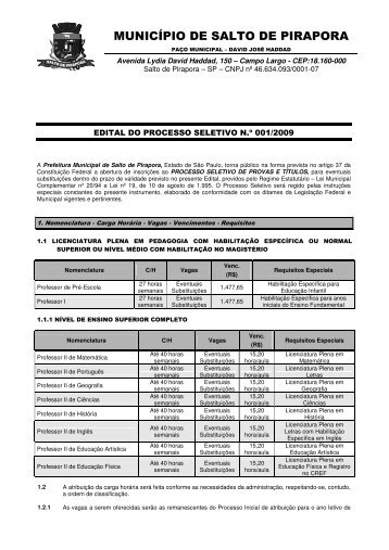 Edital Processo Seletivo - Prefeitura Municipal de Salto de Pirapora