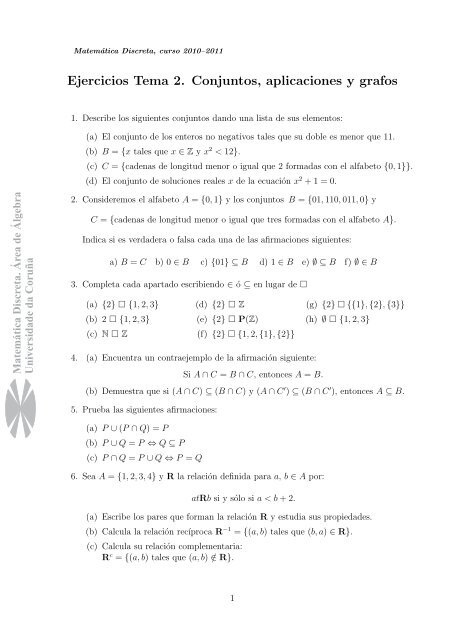 Ejercicios Tema 2. Conjuntos, aplicaciones y grafos - QueGrande