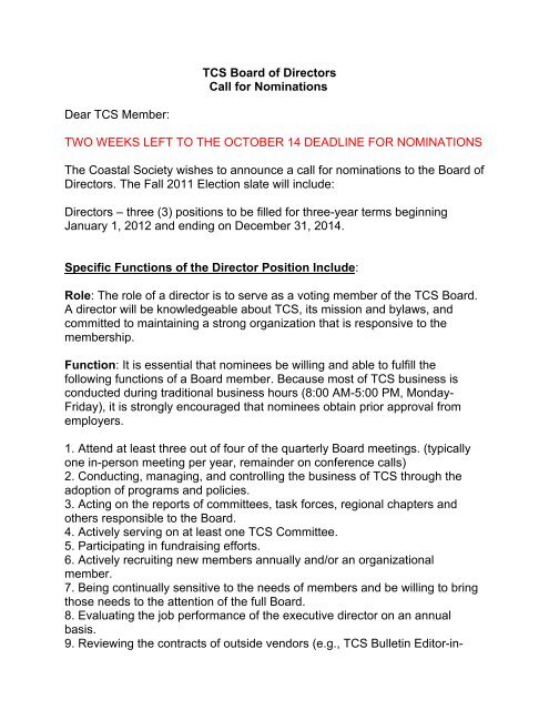 TCS Board of Directors Call for Nominations Dear TCS Member ...