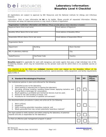 Laboratory Information: Biosafety Level 4 Checklist - BEI Resources