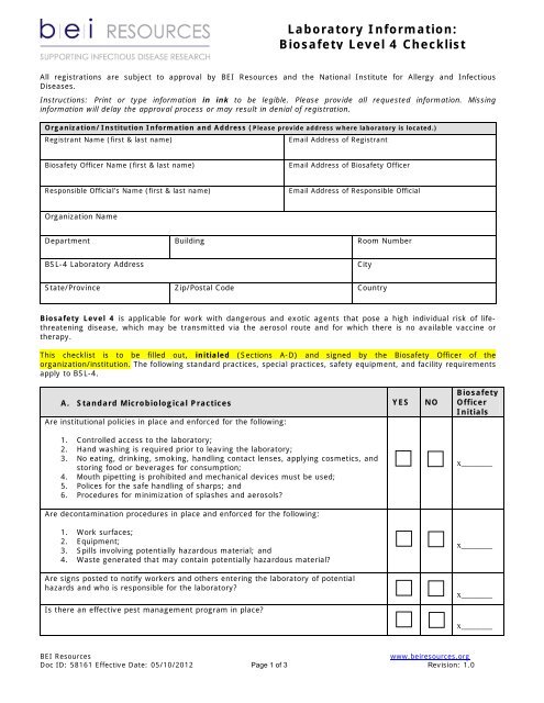 Laboratory Information: Biosafety Level 4 Checklist - BEI Resources