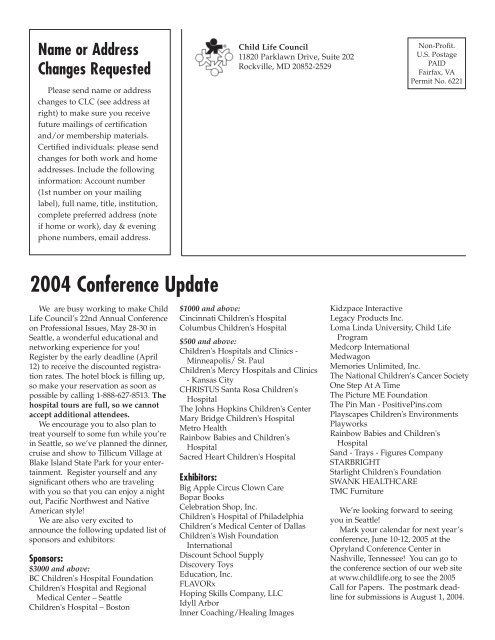 download the Spring 2004 issue - Child Life Council
