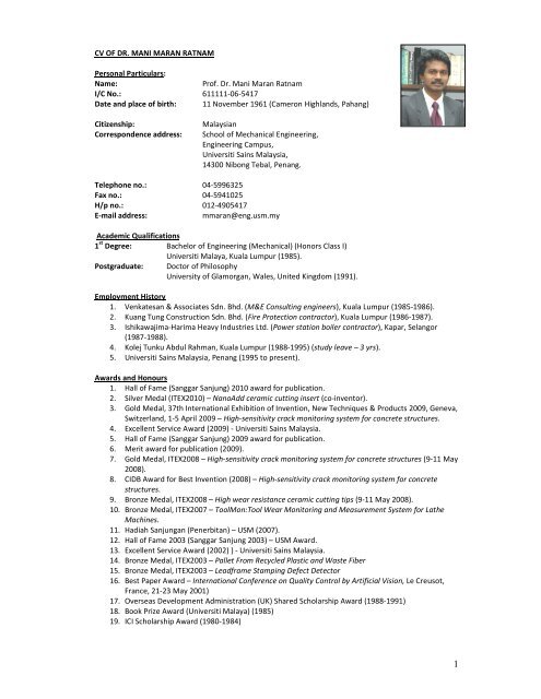 Cv Of Dr Mani Maran Ratnam Usm School Of Mechanical