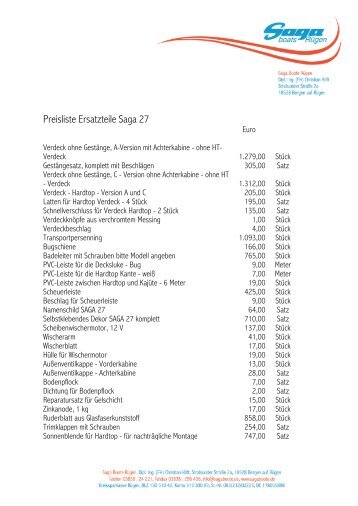 Preisliste Ersatzteile Saga 27 - Saga Boote Rügen