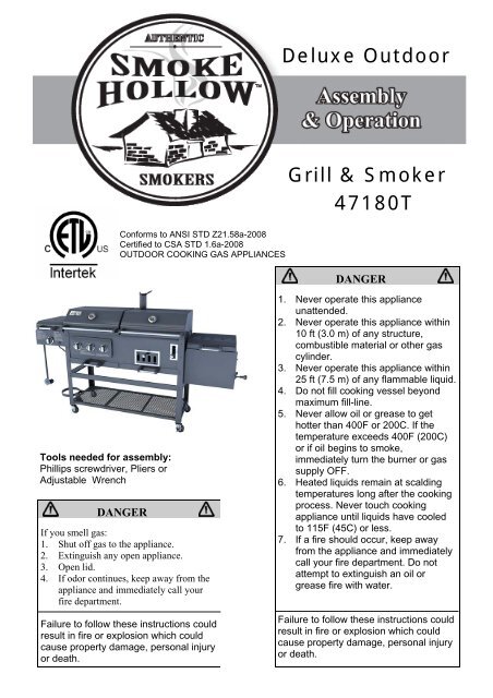 Conforms To ANSI STD Z21.58a - Smoke Hollow Smokers by ...