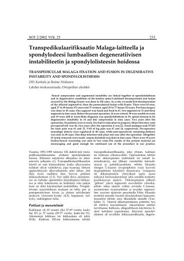 Transpedikulaarifiksaatio Malaga-laitteella ja spondylodeesi ...