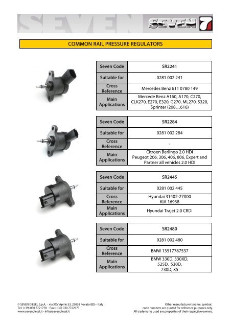 Pressure regulators (DRV valve) suitable for - SEVEN DIESEL SpA