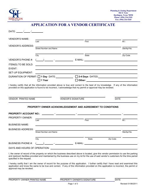 APPLICATION FOR A VENDOR CERTIFICATE