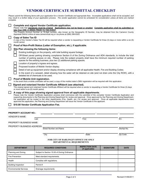 APPLICATION FOR A VENDOR CERTIFICATE