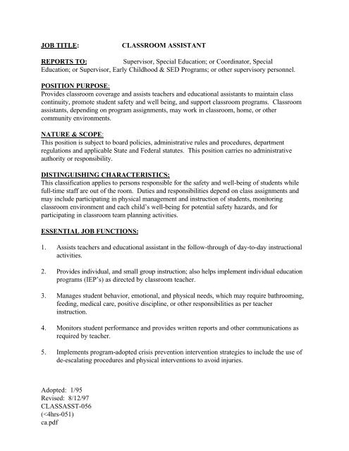 Classroom Assistant Job Description