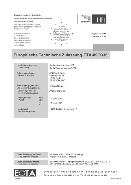 JORDAHL Ankerschienen JTA (ETA-09/0338)