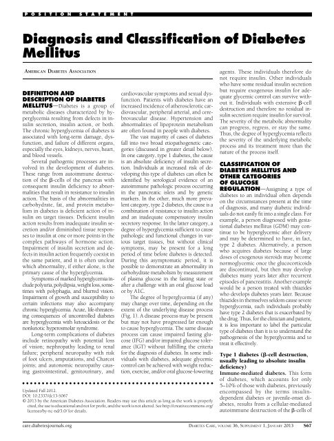 Diagnosis and Classification of Diabetes Mellitus - Diabetes Care