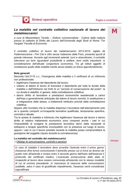 Sintesi operative La malattia nel contratto collettivo nazionale di ...