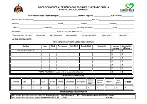 Formato estudio socioeconomico SEDESCOL - Gobierno del Estado ...