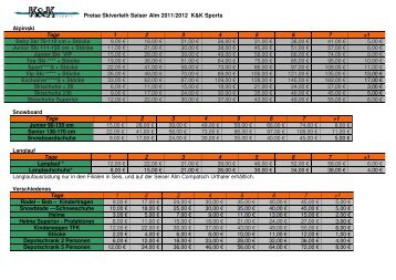 preise skiverleih seiser alm winter 20112012 - K&K Sports O.H.G.