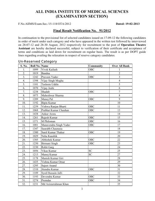 Result Operation Theatre Assistantâ2012 Merit wise - aiims