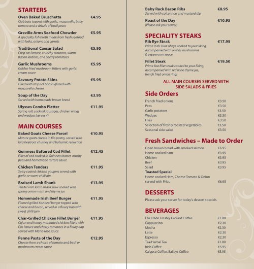 Sample Menu Available Here - Greville Arms Hotel