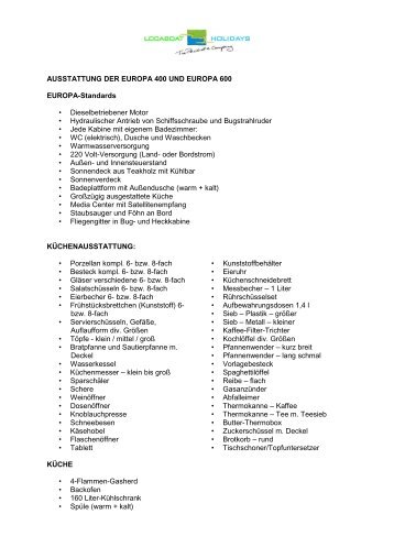 Inventarliste für die Europa 400 & 600 - Locaboat