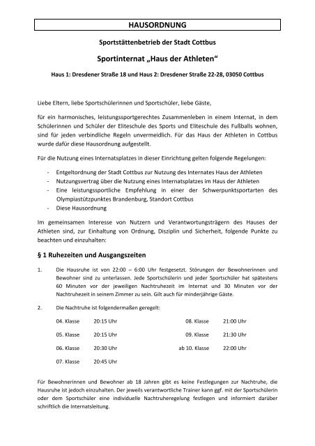 Hausordnung Sportstattenbetrieb Der Stadt Cottbus