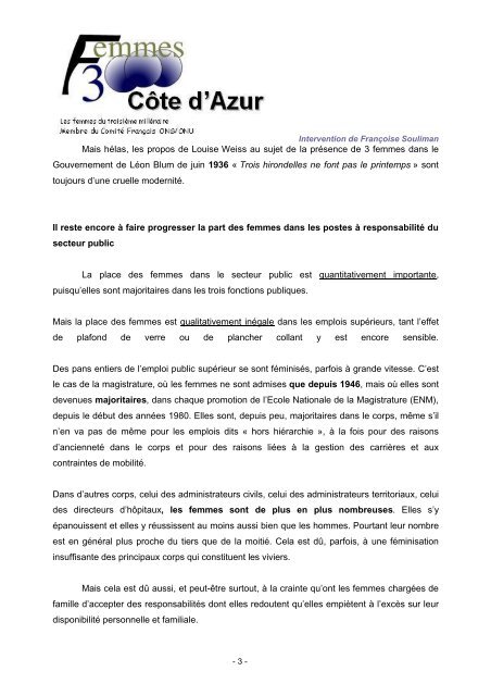 Téléchargez le texte complet de l'intervention de ... - Femmes 3000