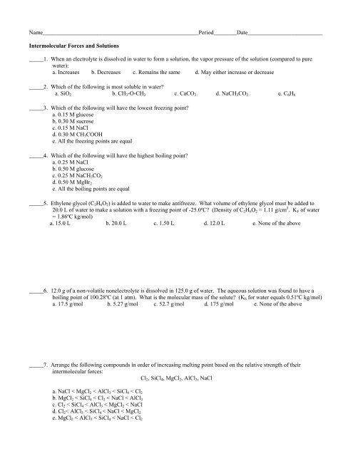 Intermolecular Forces Worksheet Answers Pdf - Worksheetpedia