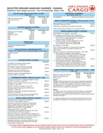 SELECTED GROUND HANDLING CHARGES - CANADA