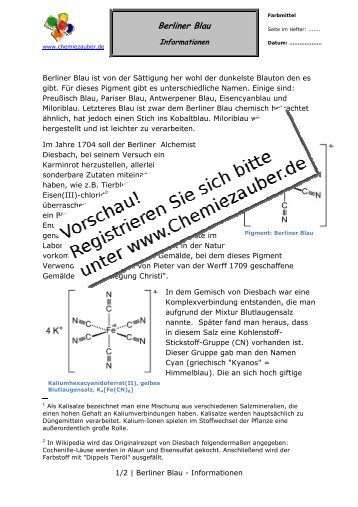 Informationsbogen zum Pigment Berliner Blau