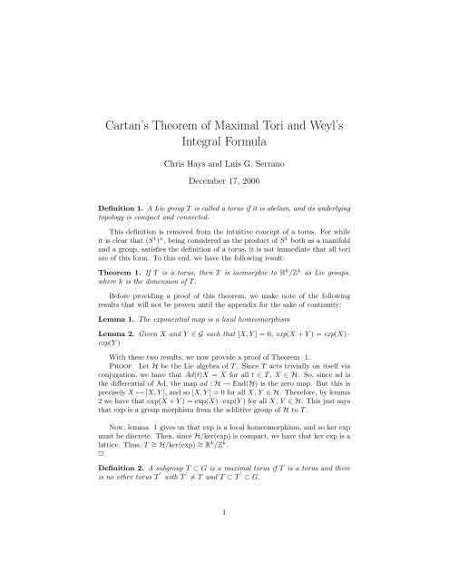 Cartan S Theorem Of Maximal Tori And Weyl S Integral Formula