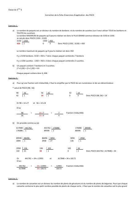 CORRECTION DES EXERCICES D'APPLICATION DU PGCD