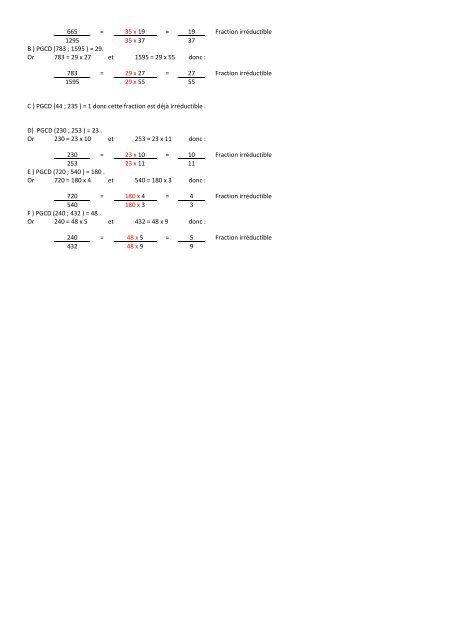 CORRECTION DES EXERCICES D'APPLICATION DU PGCD