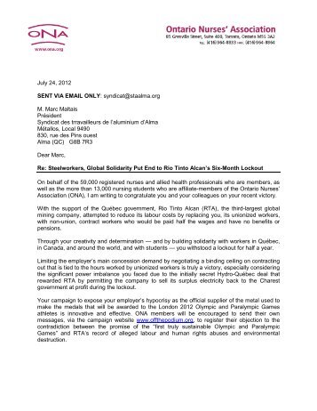letter - Ontario Nurses' Association
