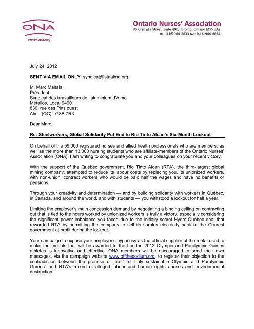 letter - Ontario Nurses' Association