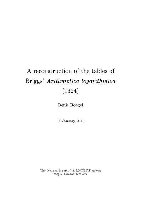 A reconstruction of the tables of Briggs' Arithmetica logarithmica 